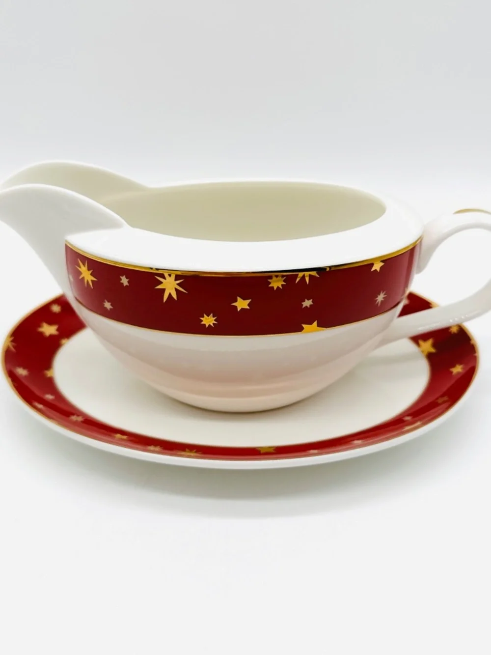 Galaxy by Sakura Red Porcelain Gravy Boat & Underplate 14k Gold Star Accents
